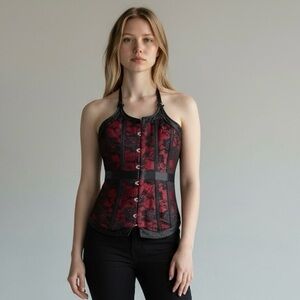 Elegant Black and Red Lace Halter Bustier Top‎